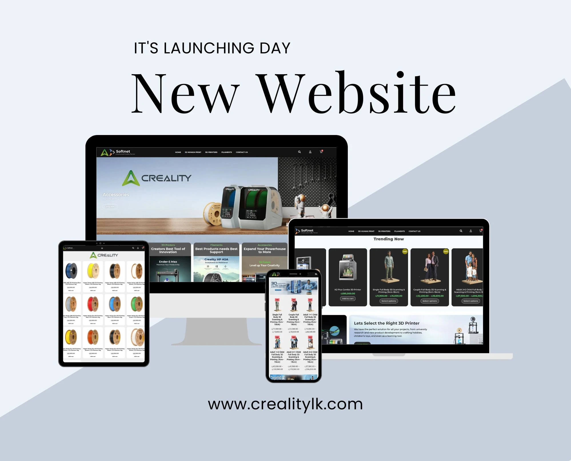 Creality Sri Lanka website project shown on desktop, tablet and mobile screens.